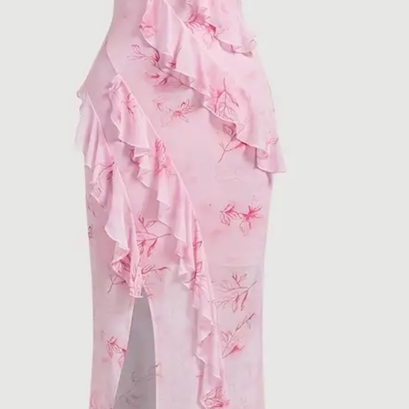 Pink Maxi Dress with Ruffled Layers and High Slit - Picture 1 of 2